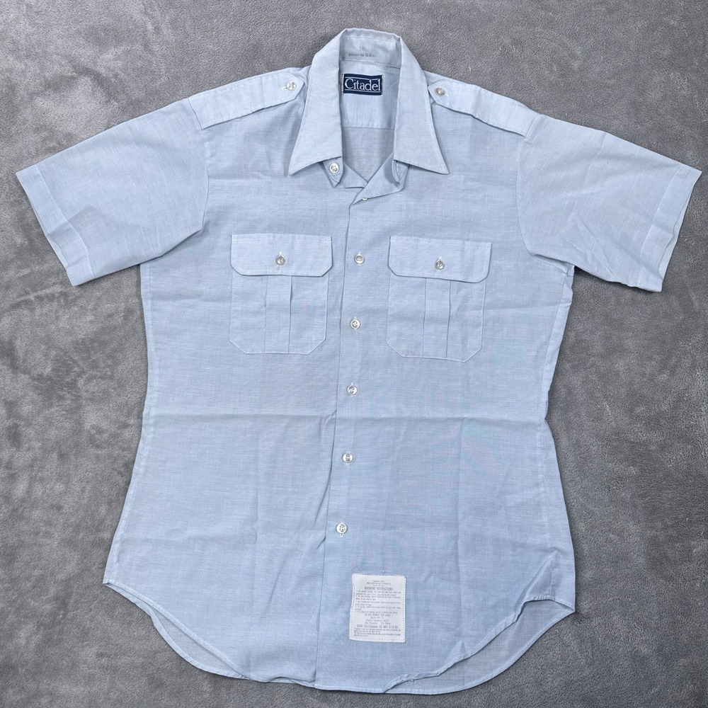 Citadel Button Up Shirt Men 16 M Blue Military Uniform 80s Vintage USAF